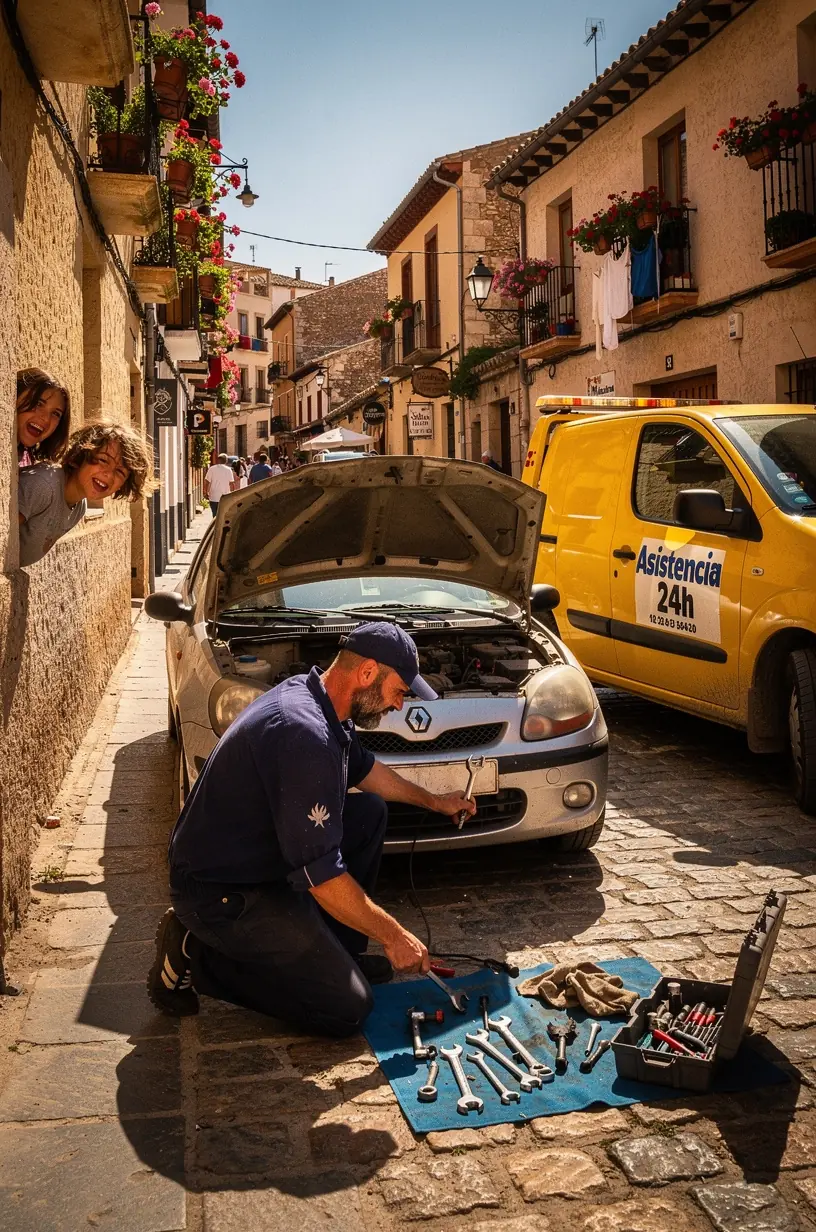 Equipo profesional reparando un motor en el interior de un taller de asistencia rápida en carretera.